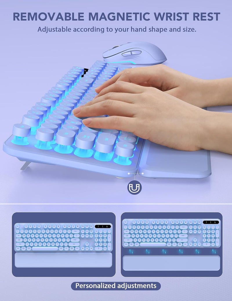 Trueque Wireless Keyboard and Mouse Backlit - Typewriter Keyboard with Retro Round Keycaps, Detachable Wrist Rest, Light Up Letters, 2.4G Rechargeable Combo for Mac, Windows, PC, Laptop, (Purple) - Image 3